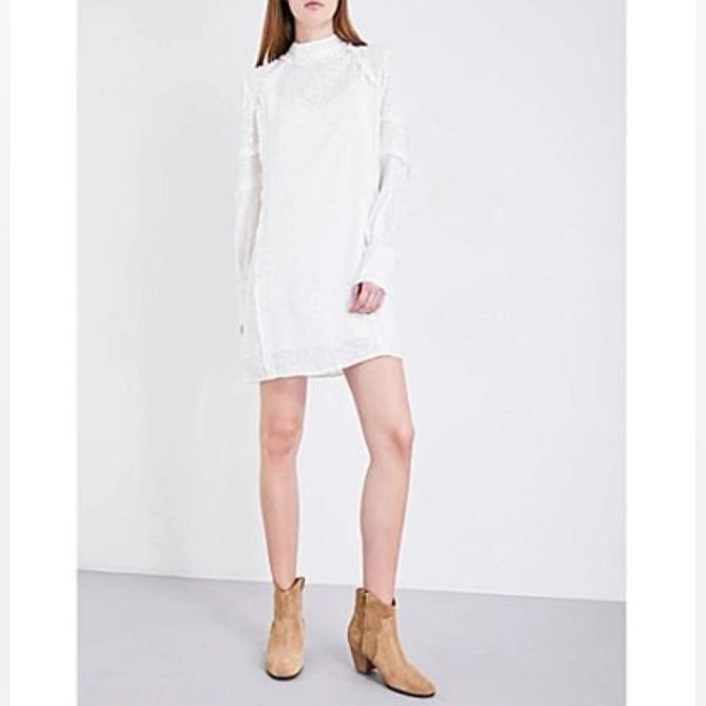 IRO White Mijo High Neck Eyelet Lace Ruffled Textured Tiered Shift Dress Size 34